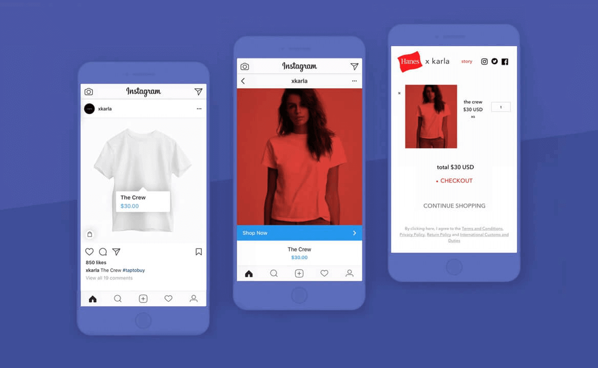 Three mobile devices showing an example of an Instagram store page