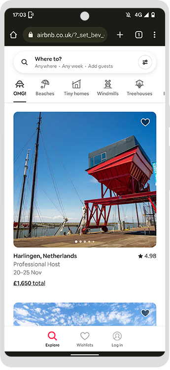Mobile phone screenshot of airbnb