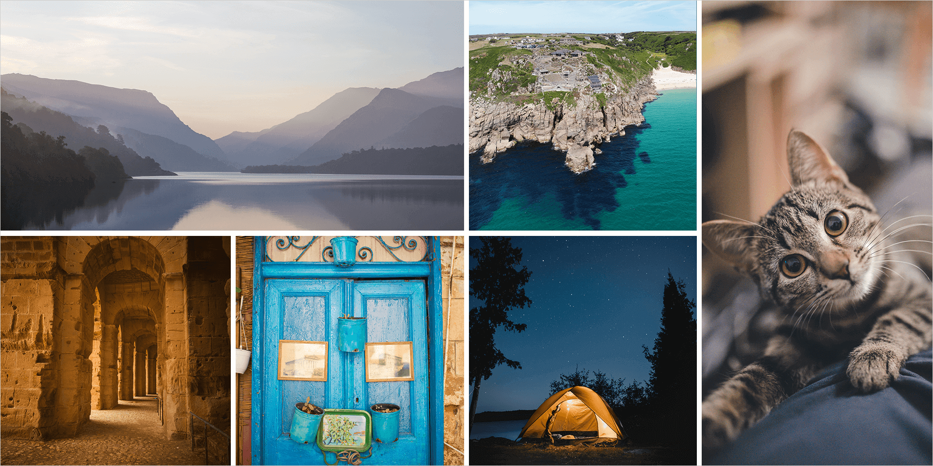 A gallery of images including a cat, tent and the coast